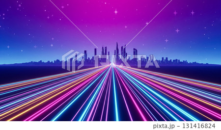 Futuristic city with colorful neon light trails moving at high speed. Concept of fast data transfer, smart city, digital highway and modern technology background Futuristic city with colorful neon light trails moving at high speed. Concept of fast data transfer, smart city, digital highway and modern technology background 131416824