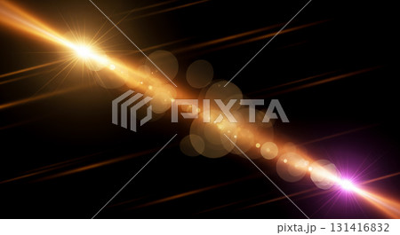 Abstract background with two glowing light flares in opposition, golden versus pink. Versus concept with energy beams, sparkle trails and bokeh on black backdrop 131416832