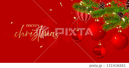Christmas card, red bauble banner, Christmas tree background 131416881
