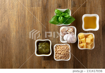 Homemade pesto sauce and ingredients. Homemade pesto sauce and ingredients. 131417036