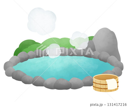 ほかほか露天風呂と温泉桶のイラスト 131417216