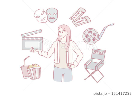 Woman director of movie production holding film clapper. 131417255