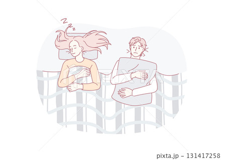 Sleepless anxiety people during the night. Awaked couple of woman and man. Sleepless anxiety people during the night. Awaked couple of woman and man. 131417258