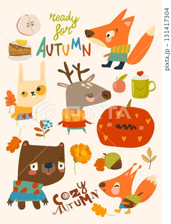 Cartoon Set with funny Animals and Autumn Elements Cartoon Set with funny Animals and Autumn Elements 131417304