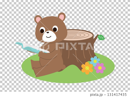 A bear leaning against a stump in a field reading a book 131417435