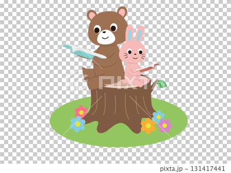 一隻熊和一隻兔子坐在樹樁上一起看書 一隻熊和一隻兔子坐在樹樁上一起看書 131417441