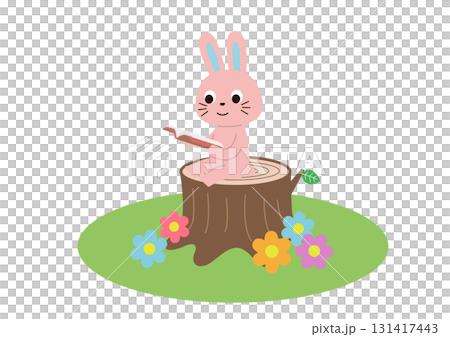 A rabbit sitting on a stump in a field reading a book 131417443