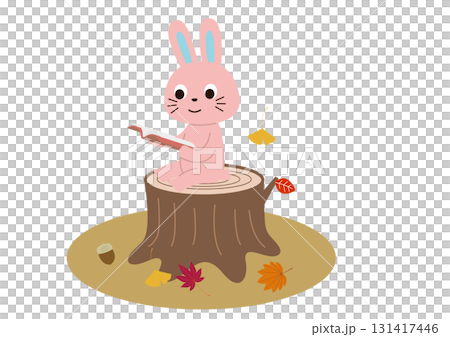 Autumn is the season for reading: A rabbit sitting on a stump reading 131417446