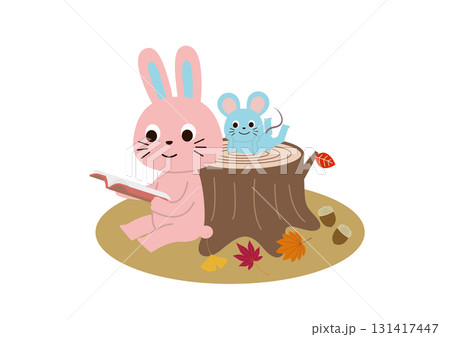 切り株のそばに座って読書するうさぎとねずみくん 切り株のそばに座って読書するうさぎとねずみくん 131417447