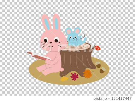 切り株のそばに座って読書するうさぎとねずみくん 切り株のそばに座って読書するうさぎとねずみくん 131417447