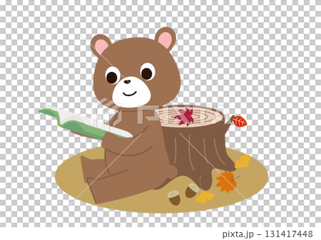 Bear reading a book by a stump 131417448