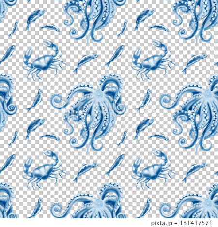 Stylized monochrome marine pattern featuring octopus,crab and sardines in blue and white.Watercolor seamless repeat design for textile printing,nautical paper goods,sustainable seafood packaging 131417571