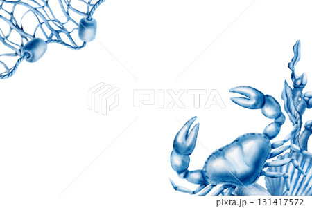 Seafood diagonal template featuring fishing net,buoys,crab,shellfish,mussels,gooseneck barnacles and seaweed.Hand-drawn watercolor clipart isolated on white for fish restaurant menu,marine parties 131417572