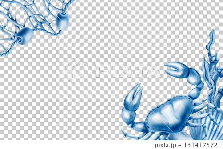 Seafood diagonal template featuring fishing net,buoys,crab,shellfish,mussels,gooseneck barnacles and seaweed.Hand-drawn watercolor clipart isolated on white for fish restaurant menu,marine parties 131417572