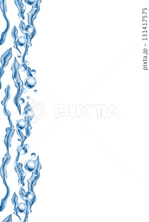 Vertical template of stylized laminaria kelp sways with air bubbles in a serene blue underwater wild world.Watercolor textures in monochrome.Marine ambiance,for oceanic designs and themed parties 131417575