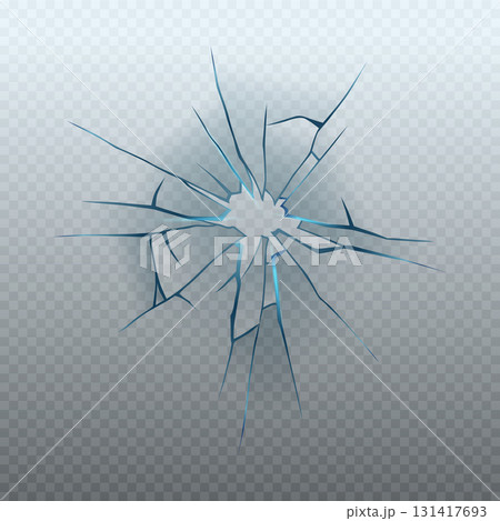 Realistic glass crack isolated on transparent background. Vector illustration of broken window, monitor display, gadget screen, car windshield, gunshot effect. Accident design element 131417693