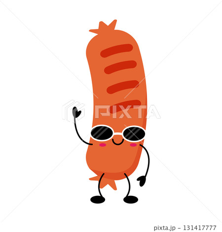 Funny sausage character in sunglasses with kawaii cartoon style 131417777