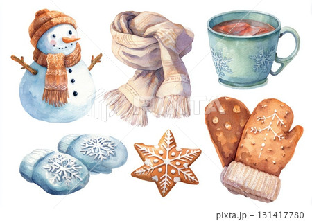 Winter watercolor set with snowman, scarf and cookies Winter watercolor set with snowman, scarf and cookies 131417780