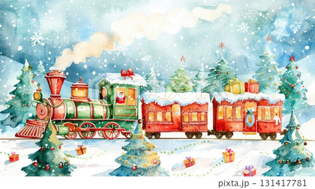 Christmas train watercolor illustration with gifts 131417781