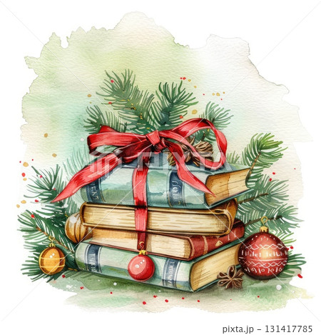 Christmas books watercolor illustration with ornaments Christmas books watercolor illustration with ornaments 131417785