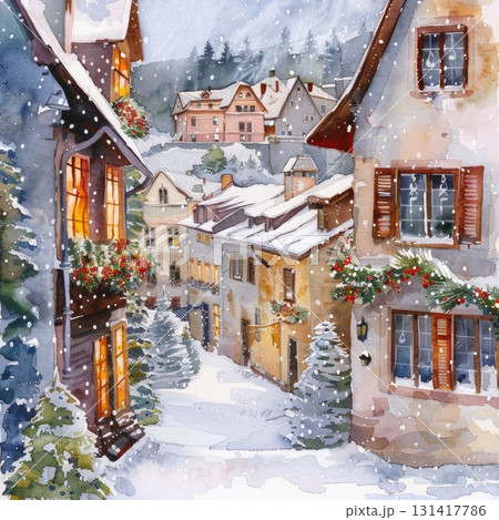 Winter Christmas snowy village watercolor 131417786
