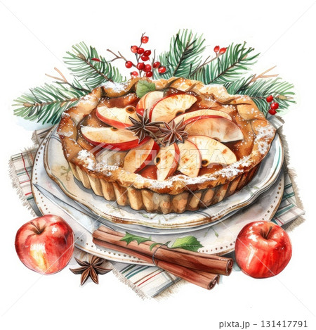 Festive apple pie with cinnamon and christmas decor Festive apple pie with cinnamon and christmas decor 131417791