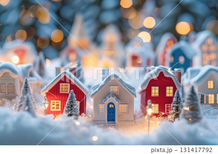 Miniature snowy christmas village with lights Miniature snowy christmas village with lights 131417792