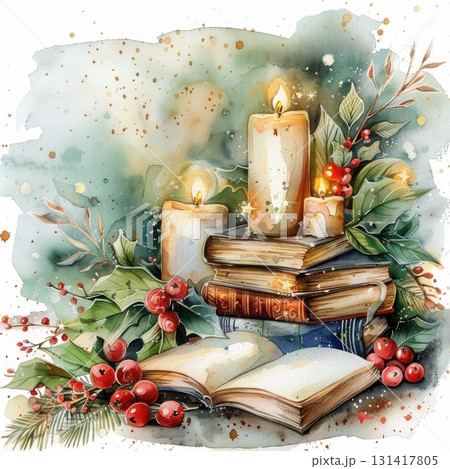 Stack of books with Christmas candles and holly Stack of books with Christmas candles and holly 131417805