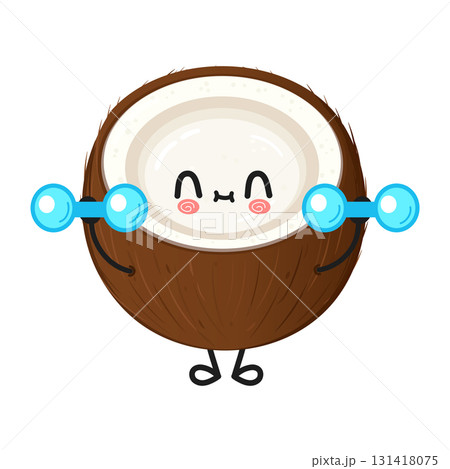 Cute coconut character exercising with dumbbells 131418075