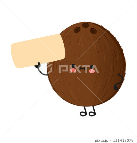 Cute coconut cartoon character holding blank sign 131418079