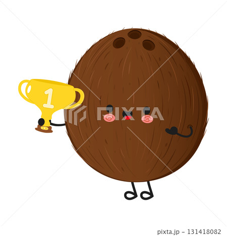 Coconut cartoon character holding first place trophy 131418082