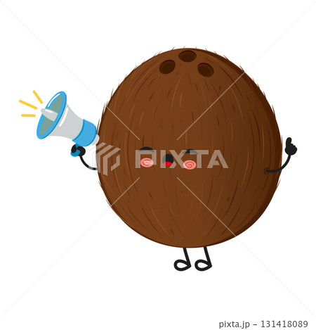 Coconut character shouting announcement using megaphone 131418089