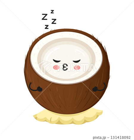 Cute coconut cartoon character sleeping on sand Cute coconut cartoon character sleeping on sand 131418092