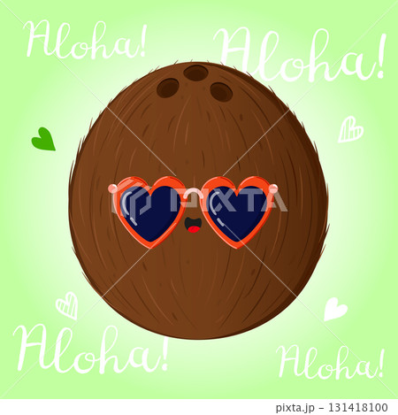 Cute coconut character wearing heart sunglasses and saying Aloha Cute coconut character wearing heart sunglasses and saying Aloha 131418100