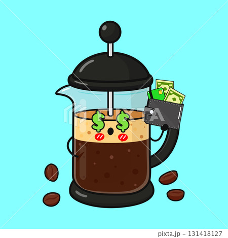 French press coffee machine holding wallet with money 131418127