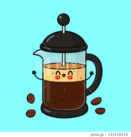 Happy french press coffee maker character cartoon Happy french press coffee maker character cartoon 131418128