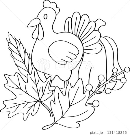 Thanksgiving holiday outline design with pumpkin pie roasted turkey and fall food 131418256