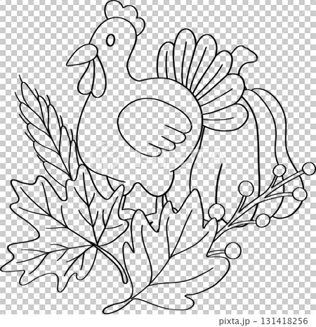 Thanksgiving holiday outline design with pumpkin pie roasted turkey and fall food 131418256