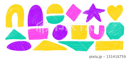 Marker drawn textured geometric shape set. Bold neon colors text boxes kids frames. Oval, circle and heart figures. Vector hand drawn triangles and star stickers shapes. Pencil figures illustration 131418759
