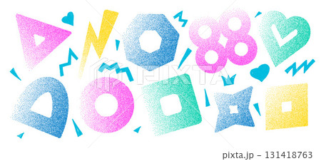Set of grainy gradation figures. Noise gradient geometric shapes background composition. Geometry dotwork transition forms. Vector gritty stickers on white background. Vibrant colors callout figures Set of grainy gradation figures. Noise gradient geometric shapes background composition. Geometry dotwork transition forms. Vector gritty stickers on white background. Vibrant colors callout figures 131418763