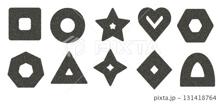 Grunge ink gradient geometric shapes set. Grainy textured y2k elements with hole. Triangle, blinks, star with rhombus and circle brutalist vector gritty forms. Bold stroke geometry icon figures 131418764