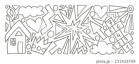 Kids scribble elements pencil drawn set. Cute simple house, hopscotch game, crown and clouds doodle shapes on white background. Kindergarten naive charcoal brush stroke figures. Vector illustration 131418784