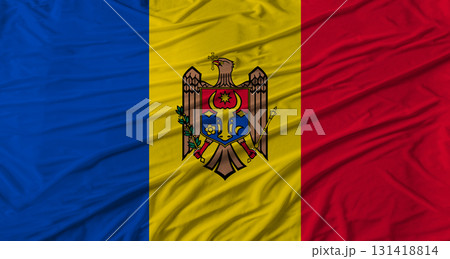 Moldovan flag waving. Flag of Moldova with cloth texture 131418814
