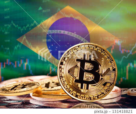 Bitcoin with Brazil flag in the background. Investors in cryptocurrency and Blockchain Technology in Brazil, Concept 131418821