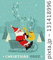 Christmas Jazz hand drawn cute vector poster. Funny Santa saxophonist in sleigh play Christmas melody on sax cartoon design illustration. Winter holiday season jazz live music concert event background 131418996