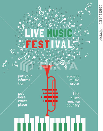 Winter Season Holidays Live Music Festival event vector poster template. Piano, trumpet silhouette, snowflake cartoon illustration. Christmas Jazz Night Fest Music performance, celebration background 131418999