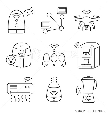 Smart technology line icon set with wireless connectivity, IoT automation, and modern digital devices, vector. Smart technology line icon set with wireless connectivity, IoT automation, and modern digital devices, vector. 131419027