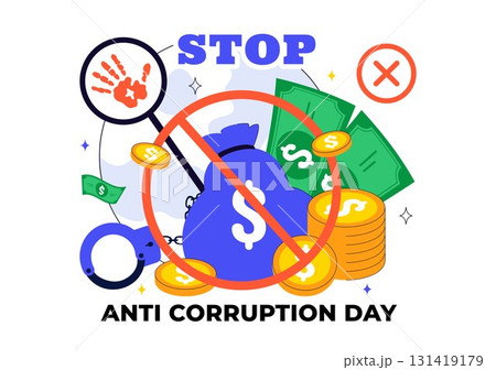 International Anti Corruption Day Illustration Featuring a Stop Giving Money Message with Dollar Coins, Prohibition Sign, and Chains in a Background International Anti Corruption Day Illustration Featuring a Stop Giving Money Message with Dollar Coins, Prohibition Sign, and Chains in a Background 131419179