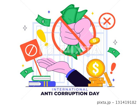 International Anti Corruption Day Illustration Featuring a Stop Giving Money Message with Dollar Coins, Prohibition Sign, and Chains in a Background 131419182