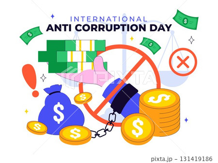 International Anti Corruption Day Illustration Featuring a Stop Giving Money Message with Dollar Coins, Prohibition Sign, and Chains in a Background 131419186
